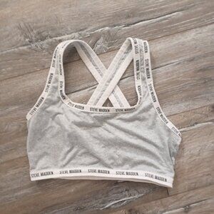 Steve Madden Logo Plus Size Racerback Light Support Grey/White Sports Bra 1XL
